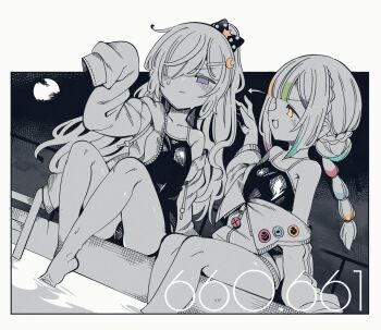 2girls alternate_hairstyle armpit_crease barefoot closed_mouth commentary_request competition_school_swimsuit feet fuukadia_(narcolepsy) hair_over_one_eye highres jacket jogasaki_noah knees mahou_shoujo_no_majo_saiban moon multiple_girls natsume_an-an night one-piece_swimsuit open_mouth ponytail pool school_swimsuit sitting spot_color swimsuit thighs wading water