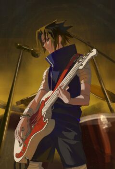1boy abanovo bandaged_arm bandages black_hair black_shorts blue_vest cowboy_shot guitar highres holding holding_guitar holding_instrument holding_plectrum instrument male_focus microphone_stand music naruto_(series) parted_bangs playing_guitar playing_instrument plectrum short_hair shorts solo uchiha_sasuke vest
