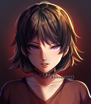 Rule 34 | 1girl, aegyo sal, artist name, black background, black choker, black hair, bright pupils, brown shirt, choker, collarbone, colored tips, commentary, english commentary, eyelashes, flipped hair, hair between eyes, heart, heart choker, highres, looking at viewer, multicolored hair, original, parted lips, pink eyes, pink hair, portrait, red lips, sasucchi95, shirt, sidelighting, simple background, solo, straight-on, swept bangs, teeth, tsurime, two-tone hair, upturned eyes, v-neck, white pupils