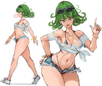 1girl bikini bikini_under_clothes bracelet chewing_gum collarbone cowboy_shot crop_top curly_hair curvy cutoffs denim denim_shorts eyewear_on_head full_body green_eyes green_hair hand_on_own_hip highres index_finger_raised jewelry looking_at_viewer micro_shorts midriff multiple_views navel one-punch_man open_mouth rakeemspoon shiny_skin shirt shoes short_hair shorts simple_background sunglasses swimsuit tatsumaki thong thong_bikini walking white_background white_shirt wide_hips