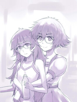 2girls bottle dress glasses highres hiyajou_maho holding holding_bottle hug hug_from_behind long_hair menomorute messy_hair monochrome multiple_girls ringed_eyes science_adventure shiina_mayuri short_hair smile steins;gate steins;gate_0 tank_top very_long_hair