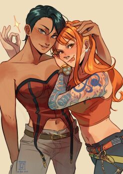 2girls :p arm_tattoo bare_shoulders belt black_hair blue_eyes bracelet commentary cowboy_shot crop_top highres jacket_mine jewelry log_pose long_hair looking_at_viewer midriff multiple_girls nami_(one_piece) navel nico_robin one_piece orange_eyes orange_hair short_hair smile sparkle tattoo tongue tongue_out