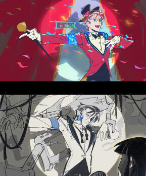 Rule 34 | 1boy, 1girl, absurdres, android, black bow, black bowtie, black hat, bow, bowtie, caine (the amazing digital circus), cane, chinese commentary, chinese text, commentary request, detroit: become human, earrings, flaleur, gloves, hat, highres, holding, holding cane, jacket, jewelry, male focus, pomni (the amazing digital circus), red jacket, shirt, spotlight, suit jacket, the amazing digital circus, top hat, translated, white gloves, white shirt