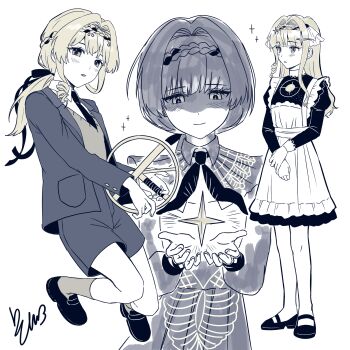 Rule 34 | absurdres, alternate costume, apron, blazer, braid, braided bangs, collared shirt, cosplay, dress, frilled apron, frills, full body, highres, jacket, juliet sleeves, kiperina, limited palette, loafers, long hair, long sleeves, looking at object, looking at viewer, looking down, low ponytail, mary janes, mossi (mossi0816), multiple views, necktie, ponytail, puffy sleeves, reverse:1999, school uniform, shirt, shoes, shorts, socks, soviet school uniform, sparkle, upper body, voyager (reverse:1999), voyager (reverse:1999) (cosplay), white background