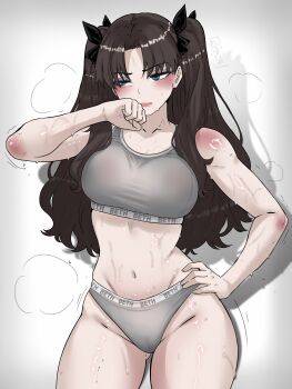 1girl absurdres alternate_costume artist_name black_ribbon blue_eyes blush bra brown_hair clenched_hand commentary cowboy_shot english_commentary fate/stay_night fate_(series) grey_bra grey_panties gy_beth hair_ribbon hand_on_own_face hand_on_own_hip hand_up highres huffing long_hair looking_to_the_side muscular muscular_female navel panties parted_bangs pink_lips ribbon shadow sidelocks solo standing thighs tohsaka_rin two_side_up underwear wavy_hair
