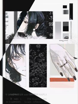 Rule 34 | 1girl, abstract, black hair, closed mouth, commentary, dated commentary, english commentary, grey eyes, highres, inverted colors, jewelry, john kafka, mole, mole under eye, multiple rings, nail polish, original, ring