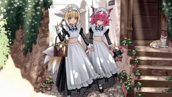 absurdres alternate_costume animal_ears apron arknights blonde_hair blue_hairband braid braided_hair_rings commentary_request day fox_ears fox_tail green_eyes hair_rings hairband highres long_sleeves maid_apron maid_headdress midriff multiple_tails navel outdoors pink_eyes pink_hair shamare_(arknights) suzuran_(arknights) tail v white_apron zhengqi_zhizi_sg