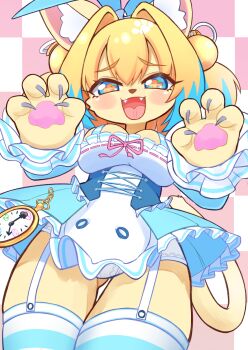 1girl animal_ears animal_hands aqua_streaks blonde_hair blue_eyes bombergirl breasts cat_ears cat_girl cat_paws cat_tail clover-shaped_pupils commentary_request dress fangs furrification furry furry_female highres large_breasts looking_at_viewer maaji_(peinsaikouda) open_mouth pine_(bombergirl) smile solo symbol-shaped_pupils tail white_dress yellow_fur