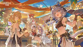 5girls aglaea_(honkai:_star_rail) alternate_costume bare_shoulders blonde_hair blue_eyes cat_girl cat_tail cipher_(honkai:_star_rail) closed_mouth crossed_legs dress grey_hair hat highres honkai:_star_rail honkai_(series) hoyofair jade_(honkai:_star_rail) looking_at_viewer mento mixed-language_commentary multiple_girls open_mouth purple_hair red_hair second-party_source short_hair sitting smile standing stomach straw_hat tail topaz_(honkai:_star_rail) tribbie_(honkai:_star_rail) white_dress