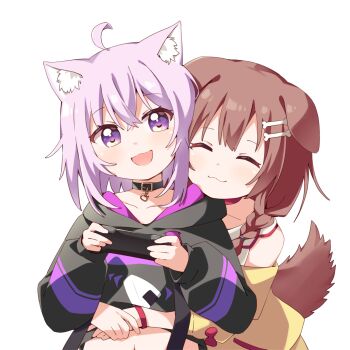 2girls :3 :d ahoge animal_ear_fluff animal_ears black_choker black_hoodie bone_hair_ornament braid cat_ears choker closed_eyes closed_mouth collarbone commentary commission controller dog_ears dog_girl dog_tail game_controller hair_ornament haru_(konomi_150) highres holding holding_controller holding_game_controller hololive hood hood_down hoodie hug hug_from_behind inugami_korone jacket long_sleeves looking_at_viewer multiple_girls navel nekomata_okayu open_mouth pixiv_commission purple_eyes purple_hair short_hair simple_background smile tail upper_body virtual_youtuber white_background yellow_jacket