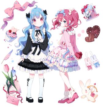 2girls ahoge arms_at_sides black_bow black_dress black_footwear blue_bow blue_eyes blue_hair blush bow buchi_(y0u0ri_) cake candy chocolate closed_mouth collar cupid curly_hair dot_nose dress earrings envelope floral_print floral_print_dress flower food food_print frilled_dress frills fruit_print full_body gift hair_bow hair_ornament heart highres holding jewelry kneehighs lolita_fashion long_hair long_sleeves mary_janes multiple_girls multiple_hair_bows nail_polish original parted_lips photo_(object) pink_bow pink_dress pink_eyes pink_footwear pink_hair pink_ribbon pleated_skirt print_dress puffy_sleeves purple_hair ribbon shoes sidelocks simple_background skirt socks standing strawberry_print striped_bow striped_clothes striped_dress stuffed_animal stuffed_rabbit stuffed_toy tulip twintails vertical_stripes very_long_hair white_background white_bow white_legwear