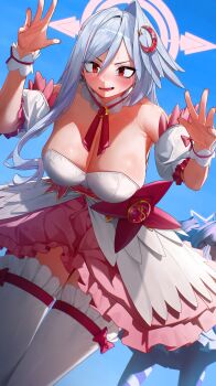 Rule 34 | 2girls, absurdres, blue archive, blue background, blue sky, blush, breasts, bustier, character request, commentary request, corset, crescent, crescent hair ornament, grey hair, hair between eyes, hair ornament, halo, head wings, highres, large breasts, long hair, magical girl, multiple girls, official alternate costume, onbawa, pink corset, pink halo, red eyes, single head wing, sky, suzumi (blue archive), suzumi (magical) (blue archive), wings