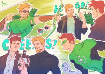 archery beard black_bodysuit blonde_facial_hair bodysuit bow_(weapon) covered_abs dc_comics domino_mask eye_mask facial_hair gloves green_arrow green_arrow_(series) green_bodysuit green_lantern green_lantern_(series) green_lantern_corps green_mask grey_bodysuit hal_jordan highres holding holding_bow_(weapon) holding_weapon large_pectorals male_focus mask multicolored_bodysuit muscular muscular_male oliver_queen pectorals power_ring_(green_lantern) superhero_costume two-tone_bodysuit weapon white_gloves who_thehell_is