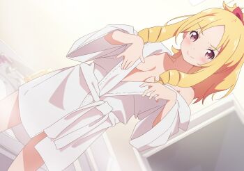 1girl bathrobe bathroom bathtub blonde_hair blush bow breasts breasts_apart closed_mouth commentary dutch_angle eromanga_sensei forehead hair_bow highres indoors looking_at_viewer off_shoulder open_clothes open_robe open_window parted_bangs purple_eyes red_bow ringlets robe small_breasts smile solo suwakana window yamada_elf