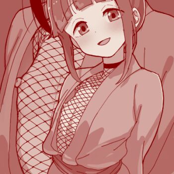 1girl badluck2033 fishnet_top fishnets flat_chest japanese_clothes kimono kunoichi_tsubaki_no_mune_no_uchi loli looking_at_viewer lowres mokuren_(kunoichi_tsubaki_no_mune_no_uchi) monochrome nipples oekaki sepia short_kimono smile solo zoom_layer