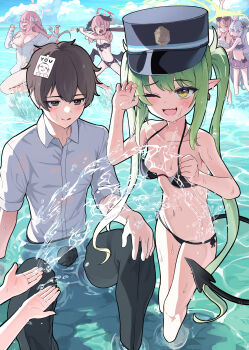1boy 6+girls absurdres azusa_(blue_archive) azusa_(swimsuit)_(blue_archive) baseball_bat bikini black_bikini black_wings blood blue_archive blush braid breasts bulge commentary demon_girl demon_tail donut_innertube doodle_sensei_(blue_archive) erection erection_under_clothes feathered_wings fubuki_(blue_archive) fubuki_(swimsuit)_(blue_archive) green_hair green_halo gro_(lee145879) hair_ribbon halo hanako_(blue_archive) hanako_(swimsuit)_(blue_archive) head_wings hifumi_(blue_archive) hifumi_(swimsuit)_(blue_archive) highres innertube koharu_(blue_archive) koharu_(swimsuit)_(blue_archive) large_breasts licking licking_armpit loli long_hair micro_bikini multiple_girls naked_shirt navel nosebleed nozomi_(blue_archive) official_alternate_costume one_eye_closed open_mouth partially_submerged pink_hair pink_halo pointy_ears ribbon sensei_(blue_archive) shirt small_breasts splashing sunglasses sunglasses_on_head swimsuit tail twintails wet wet_clothes white_ribbon wings yellow_eyes
