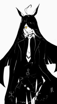 Rule 34 | 1girl, ahoge, animal ears, artist name, choker, coat, collared shirt, commentary, english commentary, hem peeking out, highres, horse ears, horse girl, long hair, long sleeves, manhattan cafe (umamusume), multicolored hair, necktie, open clothes, open coat, parted lips, ringring (artist), shirt, signature, simple background, smile, solo, spot color, umamusume, very long hair, vest, white background