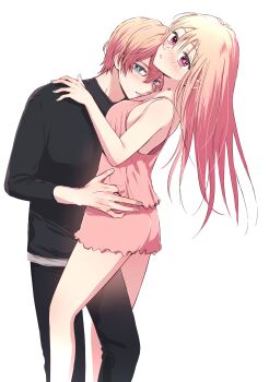 1boy 1girl absurdres asgykk bare_shoulders black_pants black_shirt blonde_hair blue_eyes blue_nail_polish blue_nails blush breasts brother_and_sister camisole collarbone colorized hair_between_eyes hickey hickey_marks hickeys_on_neck highres hoshino_aquamarine hoshino_ruby incest large_breasts legs long_sleeves looking_at_viewer nail_polish oshi_no_ko pants pink_camisole pink_eyes pink_shorts shirt short_shorts shorts siblings simple_background sleeveless star-shaped_pupils star_(symbol) star_in_eye symbol-shaped_pupils symbol_in_eye thighs twins waist_grab white_background
