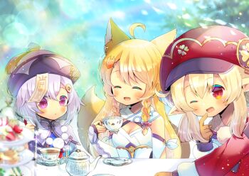 3girls :d ;d ^_^ ahoge animal_ear_fluff animal_ears arm_guards bare_shoulders blonde_hair blue_dress blurry blurry_background blurry_foreground blush bow braid breasts brown_gloves cabbit cleavage closed_eyes closed_mouth copyright_request cup day depth_of_field dress fox_ears fox_girl fox_hair_ornament fox_tail genshin_impact gloves hair_between_eyes hair_bow hair_ornament hairclip hat holding holding_cup indie_virtual_youtuber klee_(genshin_impact) kou_hiyoyo long_hair long_sleeves low_twintails medium_breasts multiple_girls one_eye_closed open_mouth outdoors pink_bow pointy_ears purple_eyes purple_hair purple_headwear qingdai_guanmao qiqi_(genshin_impact) red_dress red_eyes red_headwear saucer smile tablecloth tail tail_raised tea teacup teapot tiered_tray twin_braids twintails upper_body virtual_youtuber white_dress