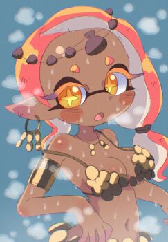 1girl armlet bikini blue_background blush breasts breath cephalopod_eyes clam_shell cleavage cross-shaped_pupils dancer dark_skin earrings frye_(afternoon)_(splatoon) frye_(splatoon) gold_armlet gold_bikini harem_outfit headband highres hoop_earrings ikaheigen inkling jewelry looking_at_viewer medium_breasts navel necklace nintendo open_mouth orange_hair pointy_ears ponytail puff_of_air seashell shell short_hair side_ponytail splatoon_(series) splatoon_3 squid_girl standing steam sweat swimsuit symbol-shaped_pupils tentacle_hair yellow_eyes