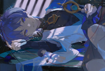 1boy black_shorts blue_background blue_eyes blue_hair dark_room doll genshin_impact hair_between_eyes highres holding holding_string indoors japanese_clothes jewelry knees knees_up looking_at_viewer lying male_focus momosa_(472166143) on_side parted_lips pendant scaramouche_(genshin_impact) shade short_hair shorts solo string string_of_fate string_pull vision_(genshin_impact) wanderer_(genshin_impact) window_shadow