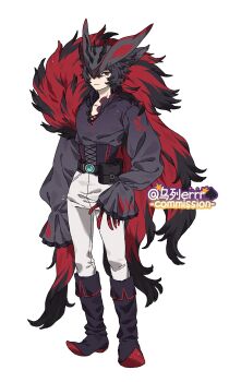 1boy animal_ears aqua_gemstone belt black_belt black_boots black_corset black_hair black_shirt boots claws corset feather_boa fox_ears full_body gem gen_5_pokemon grey_hat hair_over_one_eye hat highres long_sleeves looking_at_viewer nintendo pants personification pokemon pokemon_(creature) red_eyes red_trim shirt simple_background sleeves_past_fingers sleeves_past_wrists solo standing white_background white_pants wulie_errr zoroark