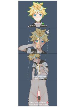 1boy blue_eyes blush chastity_cage cross-section groin hashtag-only_commentary highres iyuni2442 kagamine_len looking_at_viewer navel open_mouth panties sailor_collar shirt short_hair shorts solo standing stomach teeth underwear undressing upper_teeth_only vocaloid white_panties white_shirt
