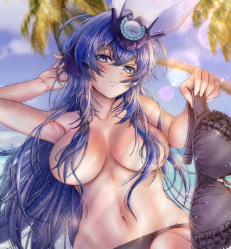 1girl :3 absurdres azur_lane black_bra black_panties blue_eyes blue_hair blue_sky blush bra commander_kei commentary_request day convenient_hair hair_ornament hair_over_breasts hair_spread_out highres holding holding_bra holding_underwear holding_unworn_clothes long_hair looking_at_viewer messy_hair navel new_jersey_(azur_lane) outdoors panties sky solo topless_female underwear