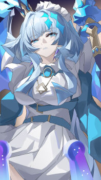 Rule 34 | 1girl, absurdres, alternate costume, blue eyes, blue hair, blue lips, breasts, cane, cerydra (honkai: star rail), commentary request, crown, dress, evzeva, hair intakes, highres, honkai: star rail, honkai (series), large breasts, lipstick, long hair, makeup, mini crown, solo, white dress