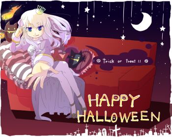 1girl alternate_color blue_eyes border closed_mouth commentary_request couch creature crescent_moon cross cross_necklace crown demon deviruchi dress fire full_body grey_shoes halloween happy_halloween high_priest_(ragnarok_online) jewelry juliet_sleeves long_hair long_sleeves looking_at_viewer mini_crown moon necklace puffy_sleeves purple_dress ragnarok_online reaching reaching_towards_viewer sakutoko sash shoes smile solo star_(symbol) thighhighs trick_or_treat two-tone_dress white_border white_dress white_hair white_sash white_thighhighs