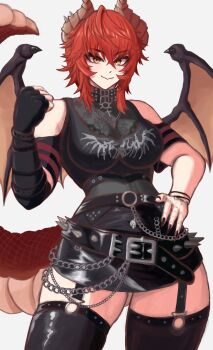 1girl alternate_hair_length_(shorter) belt black_belt black_collar black_nails black_shirt black_thighhighs breasts closed_mouth collar commentary cross cross_necklace dragon_girl dragon_horns dragon_tail dragon_wings fingerless_gloves gloves hand_on_own_hip highres horn_piercing horns jewelry large_breasts looking_at_viewer meibin nail_polish necklace o-ring o-ring_legwear red_hair shirt short_hair single_glove smile socks_agency solo spiked_belt spiked_collar spikes tail thighhighs virtual_youtuber wings yellow_eyes zentreya zentreya_(dragon) zentreya_(dragon)_(metalheads)