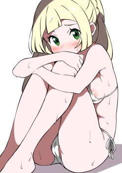 1girl areola_slip ass barefoot bikini blonde_hair blunt_bangs blush breasts cameltoe commentary_request dot_nose ecgg_(tsuji418477) green_eyes highres hugging_own_legs lillie_(pokemon) long_hair looking_at_viewer micro_bikini nintendo pokemon ponytail side-tie_bikini_bottom simple_background sitting small_breasts solo sweat swimsuit thighs white_background white_bikini