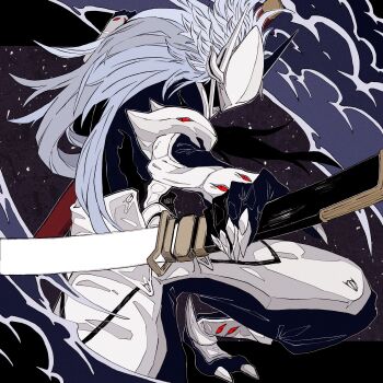 Rule 34 | 1boy, armor, black pants, blazblue, bodysuit, fighting stance, fkm 131, full body, gloves, hakumen, highres, holding, holding weapon, katana, long hair, male focus, mask, pants, shadow, sheath, sheathed, silver hair, solo, sword, weapon