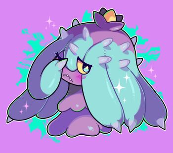 Rule 34 | blue eyes, blushily, colored sclera, fangs, gen 7 pokemon, looking at viewer, mareanie, nintendo, no humans, one eye closed, pokemon, pokemon (creature), purple background, solo, sparkle, spikes, yellow sclera