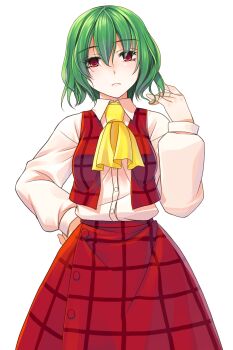 Rule 34 | 1girl, ascot, buttons, closed mouth, collared shirt, commentary request, crote, green hair, hair between eyes, hand on own hip, hand up, highres, kazami yuuka, large variant set, long skirt, long sleeves, looking at viewer, open clothes, open vest, plaid clothes, plaid skirt, plaid vest, puffy long sleeves, puffy sleeves, red eyes, red skirt, red vest, shirt, shirt tucked in, short hair, skirt, sleeve cuffs, solo, tachi-e, touhou, transparent background, variant set, vest, white shirt, yellow ascot