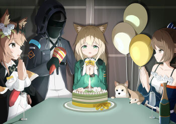1boy 3girls animal_ear_fluff animal_ears arknights balloon bare_shoulders birthday_cake black_gloves black_jacket blonde_hair blush bottle bow bowtie breasts brown_eyes brown_hair cake candle cat choker collar collarbone cup doctor_(arknights) dog_ears dress drinking_glass flower food fox fox_ears frills gloves green_eyes hair_between_eyes hair_flower hair_ornament happy_birthday highres holding hood indoors jacket jewelry long_hair long_sleeves looking_at_another mao_xin&#039;ai mask medium_hair multiple_girls off_shoulder open_mouth perfumer_(arknights) podenco_(arknights) ribbon short_hair sidelocks sitting smile table upper_body vendela_(arknights) wide_sleeves wine_bottle wine_glass