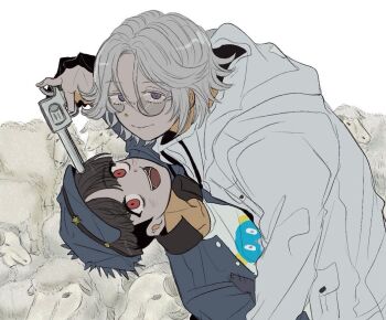 2boys :d aiming aotsuki_eito assisted_suicide black_gloves black_hair blue_hat blue_jacket bright_pupils commentary english_commentary finger_on_trigger glasses gloves grey_hair gun handgun hat holding holding_gun holding_hands holding_weapon imminent_suicide jacket looking_at_viewer male_focus maruko_gaku multiple_boys nana_(7starssovereign) open_mouth patchwork_clothes pocket print_shirt purple_eyes red_eyes sheep shirt short_hair smile the_hundred_line_-last_defense_academy- upper_body weapon white_background white_jacket white_pupils white_shirt