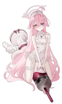 1girl 3: absurdly_long_hair absurdres ahoge alternate_costume arm_strap bare_arms bare_shoulders blue_archive blue_eyes blush breasts cleavage closed_mouth commentary covered_navel crossed_bangs eyebrows_hidden_by_hair frilled_hat frilled_leotard frills full_body hair_between_eyes hair_over_shoulder halo hat heart heart_o-ring heterochromia highleg highleg_leotard highres hoshino_(blue_archive) kneeling large_syringe leotard long_hair looking_at_viewer nurse nurse_cap nyangpan o-ring o-ring_arm_strap oversized_object pink_hair pink_halo simple_background small_breasts solo straddling straight_hair sweatdrop symbol-only_commentary syringe thigh_strap thighs v_arms very_long_hair white_background white_leotard yellow_eyes