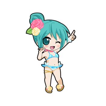 Rule 34 | 1girl, ;d, aqua eyes, aqua hair, arm up, bandana, bandana around neck, bikini, black outline, blue bikini, blue scrunchie, blush, chibi, chibi only, flower, footwear flower, frilled bikini, frills, full body, game asset, hair bun, hair flower, hair ornament, hand up, hatsune miku, hatsune miku graphy collection, looking at viewer, navel, one eye closed, open mouth, outline, pink bandana, pink flower, pink rose, pointing, pointing up, rose, sandals, scrunchie, side-tie bikini bottom, single hair bun, smile, solo, standing, stomach, swimsuit, thigh strap, transparent background, vocaloid, wrist scrunchie, yellow flower, yellow rose