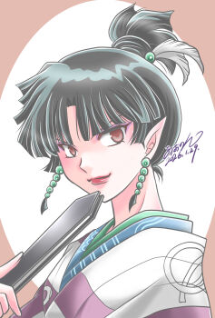 1girl aononmi black_hair closed_mouth commentary_request dated hand_fan highres holding holding_fan inuyasha japanese_clothes kagura_(inuyasha) kimono looking_at_viewer pointy_ears ponytail red_eyes short_hair short_ponytail signature simple_background solo upper_body