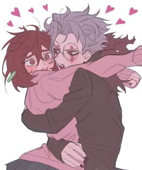 Rule 34 | 1boy, 1girl, arm around back, arm around waist, arms around neck, ayase momo, black jacket, black nails, blush, brown hair, couple, crossed bangs, dandadan, earrings, facial mark, furrowed brow, gakuran, glasses, grey hair, hair between eyes, hashtag-only commentary, hetero, highres, hug, jacket, jewelry, medium hair, nail polish, open mouth, ore ore oe, parted bangs, pink sweater, pleated skirt, red eyes, round eyewear, school uniform, short hair, skirt, sweater, takakura ken (dandadan), takakura ken (transformed) (dandadan), white background