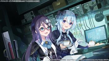 2girls ;d assault_lily belt belt_buckle black_belt black_bow black_capelet black_jacket black_ribbon blue_bow blue_bowtie blue_eyes blue_hair bow bowtie braid breasts buckle cabinet cable capelet center_frills chest_belt commentary_request copyright_notice cropped_jacket cup cupcake dutch_angle fang figure food frilled_shirt frilled_shirt_collar frills glasses gloves hair_between_eyes hair_bow hand_on_table hands_up holding holding_saucer indoors jacket jewelry lamp light_particles long_bangs long_hair looking_at_another looking_to_the_side lower_teeth_only mashima_moyu medium_breasts monitor mori_tatsuki multiple_girls neck_ribbon official_alternate_costume official_art one_eye_closed open_mouth pen purple_eyes purple_hair red-framed_eyewear ribbon ring ruler saucer school_uniform shade shelf shirt shunka_tunacan sidelocks sideways_glance sleeves_past_wrists smile sparkle table teacup teapot teeth tools tray twin_braids upper_body white_bow white_gloves white_shirt wide_sleeves yurigaoka_girls_academy_school_uniform