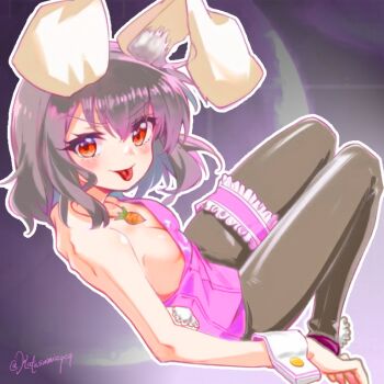 Rule 34 | 1girl, alternate costume, animal ears, black hair, blush, breasts, carrot necklace, closed mouth, commentary request, full body, grey pantyhose, inaba tewi, jewelry, leotard, looking at viewer, medium hair, necklace, pantyhose, pink leotard, playboy bunny, rabbit ears, rabbit girl, rabbit tail, red eyes, small breasts, smile, solo, strapless, strapless leotard, tail, tongue, tongue out, touhou, voyager (user yrzv4324), wrist cuffs
