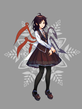 1girl :d ahoge asymmetrical_wings belt black_belt black_hair black_pantyhose black_shoes blue_wings bow brown_skirt brown_vest buttons clothing_request collared_shirt crossed_arms diagonal-striped_clothes diagonal-striped_necktie floral_background footwear_bow furahata_gen grey_background hair_between_eyes highres houjuu_nue lolita_fashion long_sleeves medium_hair necktie open_mouth pantyhose red_eyes red_wings shirt shoes skirt sleeve_cuffs smile solo standing striped_clothes touhou vest white_bow white_shirt wings yellow_necktie
