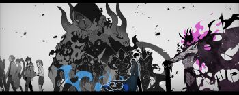 2girls 3boys 6+others bag beru_(solo_leveling) coat greatsword highres hiyomon hood hoodie horns igris_(solo_leveling) iron_(solo_leveling) kaisel_(solo_leveling) knight monochrome multiple_boys multiple_girls multiple_others ponytail shaman skirt skull solo_leveling sung_jin-ah sung_jin-woo sword tank_(solo_leveling) tusk_(solo_leveling) weapon woo_jin-chul