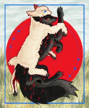 animal animal_costume animal_focus black_fur blue_border blue_eyes border circle claws commentary english_commentary full_body grass highres hooves kitty_(fernwhisker) lamb_pelt looking_at_viewer no_humans original pawpads pelt red_eyes signature solo wolf wolf_in_sheep's_clothing yellow_eyes