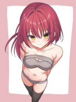 1girl absurdres arms_behind_back black_thighhighs blush border breasts cleavage cleavage_cutout closed_mouth clothing_cutout collarbone commentary_request eyes_visible_through_hair feet_out_of_frame foreshortening futamihara_ririko ghost_villager grey_shorts grey_sports_bra hair_between_eyes hair_intakes highres large_breasts limelight_lemonade_jam long_hair looking_at_viewer navel outside_border pink_border red_hair short_shorts shorts simple_background smile solo split_mouth sports_bra standing stomach thighhighs thighs tsurime white_background yellow_eyes