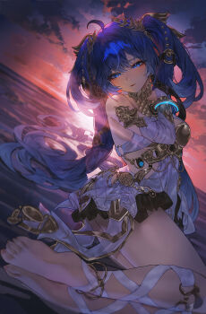 1girl ahoge ancient_greek_clothes armlet bare_shoulders barefoot black_skirt blue_eyes blue_hair commentary gold_bra greco-roman_clothes highres indol iuno_(wuthering_waves) jewelry laurel_crown long_hair looking_at_viewer miniskirt multicolored_hair parted_lips skirt solo streaked_hair thighs toes twintails very_long_hair wuthering_waves