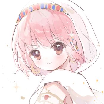 1girl armlet baonu_de_zhanshen_caibutou bare_shoulders beads braid brown_eyes cloak closed_mouth dot_nose earrings eyelashes gold_armlet gold_earrings hair_beads hair_ornament hair_tubes happy highres hood hooded_cloak hoop_earrings infinity_nikki jewelry light_blush light_particles looking_at_viewer nikki_(nikki) nikki_(series) pink_hair portrait purifying_wind_(infinity_nikki) short_hair side_braids simple_background smile solo sparkle tareme twin_braids white_background white_cloak