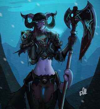 1girl armor axe black_hair blue_eyes brown_pants colored_skin death_knight_(warcraft) distr draenei eye_trail hair_on_horn highres holding holding_axe holding_with_tail horns light_trail looking_at_viewer midriff navel pants parted_lips pauldrons prehensile_tail purple_skin shoulder_armor signature snow solo standing tail warcraft world_of_warcraft